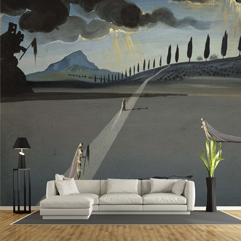 Surreal Dali Artwork Mural Decal Grey Ghost Bride in Night Street Wall Covering for Home Clearhalo 'Wall Decor' 'Wall Mural' 1505604