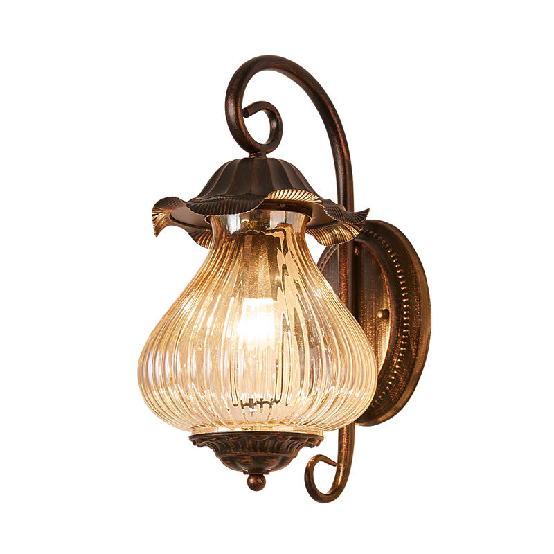 1 Light Pressed Ribbed Glass Wall Sconce Light Industrial Black Lantern Bedroom Lighting Fixture in Weathered Copper Clearhalo 'Art deco wall lights' 'Cast Iron' 'Glass' 'Industrial wall lights' 'Industrial' 'Middle century wall lights' 'Modern' 'Rustic wall lights' 'Tiffany' 'Traditional wall lights' 'Wall Lamps & Sconces' 'Wall Lights' Lighting' 150711