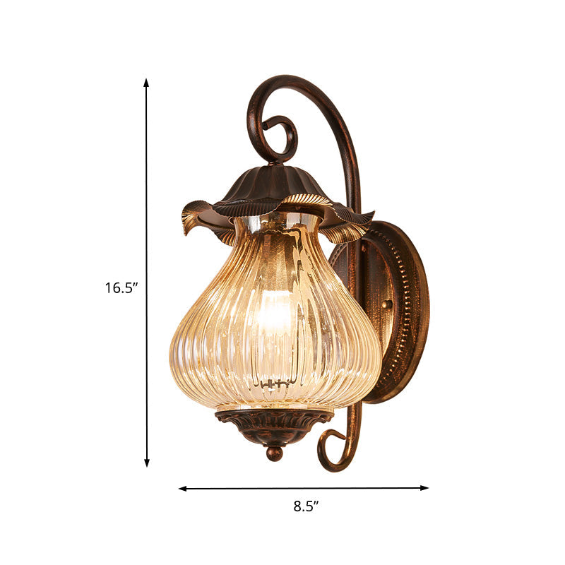 1 Light Pressed Ribbed Glass Wall Sconce Light Industrial Black Lantern Bedroom Lighting Fixture in Weathered Copper Clearhalo 'Art deco wall lights' 'Cast Iron' 'Glass' 'Industrial wall lights' 'Industrial' 'Middle century wall lights' 'Modern' 'Rustic wall lights' 'Tiffany' 'Traditional wall lights' 'Wall Lamps & Sconces' 'Wall Lights' Lighting' 150712