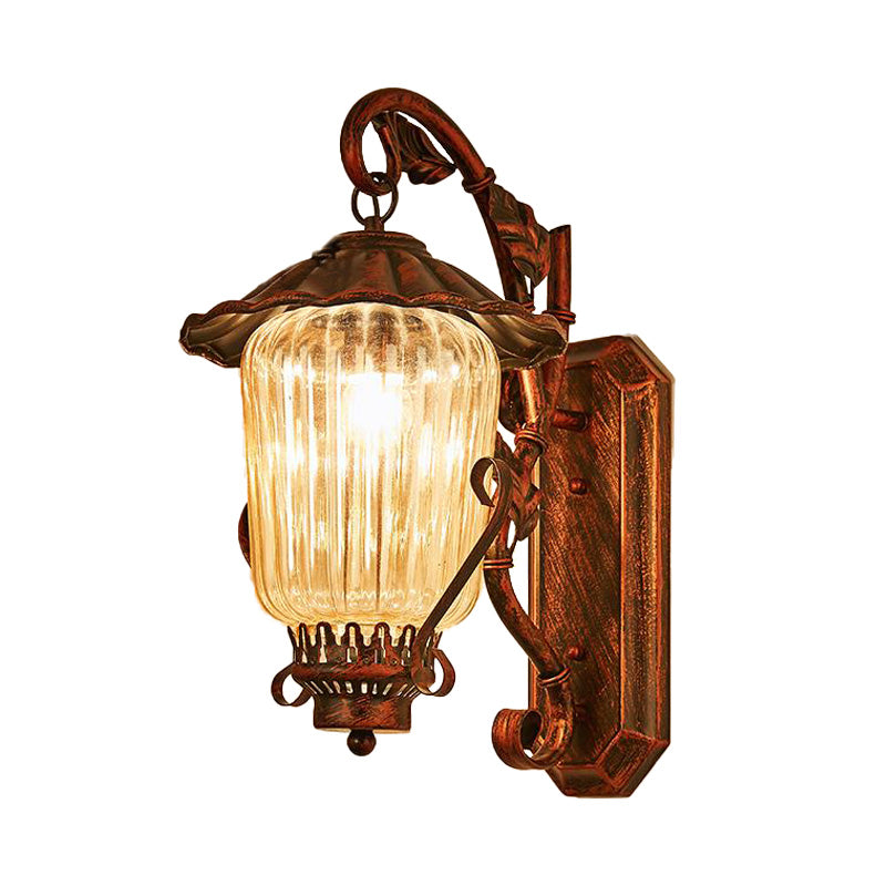 1 Light Pressed Ribbed Glass Wall Sconce Light Industrial Black Lantern Bedroom Lighting Fixture in Weathered Copper Clearhalo 'Art deco wall lights' 'Cast Iron' 'Glass' 'Industrial wall lights' 'Industrial' 'Middle century wall lights' 'Modern' 'Rustic wall lights' 'Tiffany' 'Traditional wall lights' 'Wall Lamps & Sconces' 'Wall Lights' Lighting' 150723