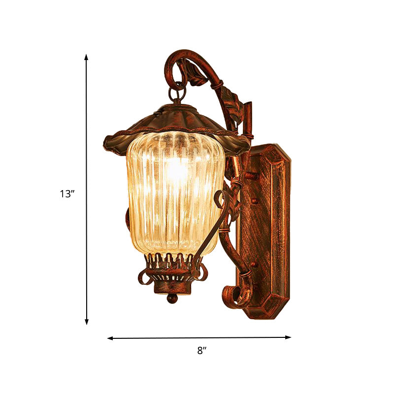 1 Light Pressed Ribbed Glass Wall Sconce Light Industrial Black Lantern Bedroom Lighting Fixture in Weathered Copper Clearhalo 'Art deco wall lights' 'Cast Iron' 'Glass' 'Industrial wall lights' 'Industrial' 'Middle century wall lights' 'Modern' 'Rustic wall lights' 'Tiffany' 'Traditional wall lights' 'Wall Lamps & Sconces' 'Wall Lights' Lighting' 150724