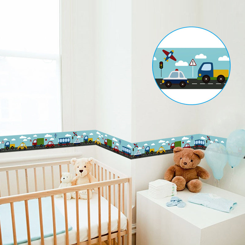 Kids Vehicles Peel Wallpaper Borders for Nursery 2 Pieces 33' L x 4" W Wall Art in Blue Clearhalo 'Wall Decor' 'Wallpaper' 1507731