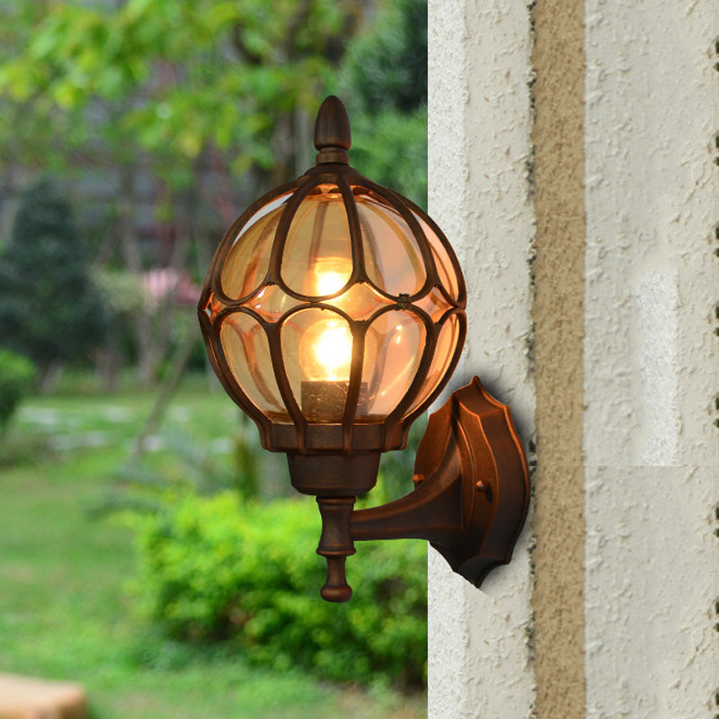 Globe Living Room Wall Light Fixture Industrial Amber Glass 1 Light Black/Gold/Bronze Sconce Lamp, 8.5"/9"/12.5" W Clearhalo 'Art deco wall lights' 'Cast Iron' 'Glass' 'Industrial wall lights' 'Industrial' 'Middle century wall lights' 'Modern' 'Rustic wall lights' 'Tiffany' 'Traditional wall lights' 'Wall Lamps & Sconces' 'Wall Lights' Lighting' 150775