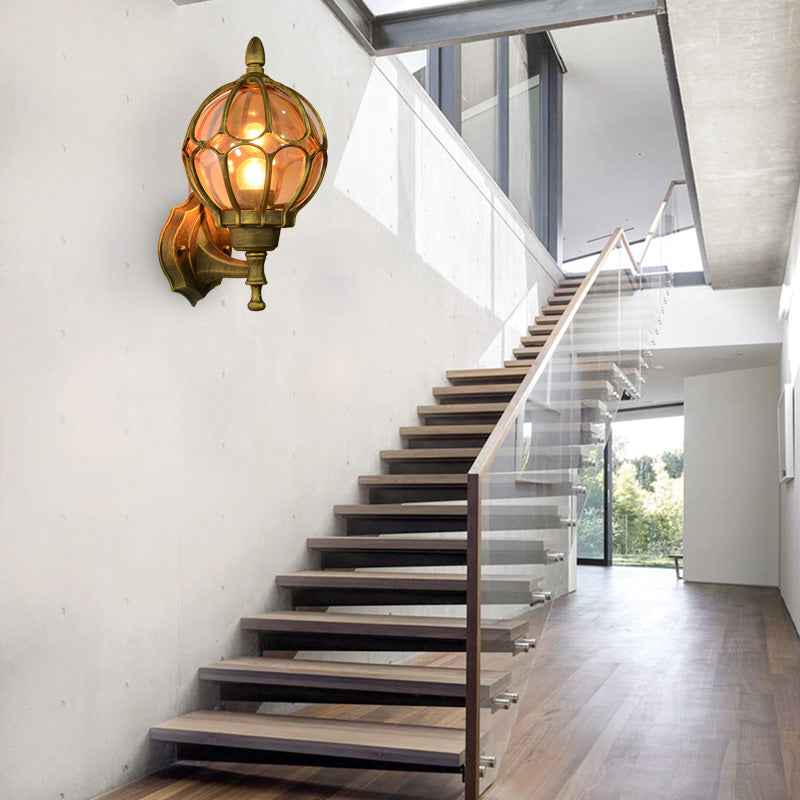 Globe Living Room Wall Light Fixture Industrial Amber Glass 1 Light Black/Gold/Bronze Sconce Lamp, 8.5"/9"/12.5" W Clearhalo 'Art deco wall lights' 'Cast Iron' 'Glass' 'Industrial wall lights' 'Industrial' 'Middle century wall lights' 'Modern' 'Rustic wall lights' 'Tiffany' 'Traditional wall lights' 'Wall Lamps & Sconces' 'Wall Lights' Lighting' 150783