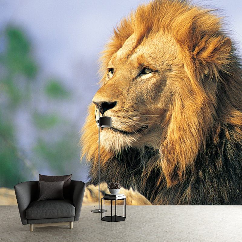 Brown Lion Looking Afar Mural Water Resistant Modern Bedroom Wall Covering, Made to Measure Clearhalo 'Wall Decor' 'Wall Mural' 1508396