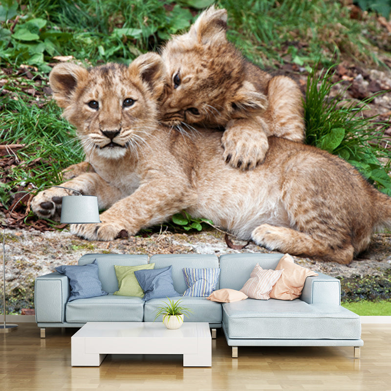 Photography Little Lions Playing Mural Large Size Wall Decor for Bedroom, Custom Size Brown Clearhalo 'Wall Decor' 'Wall Mural' 1508405