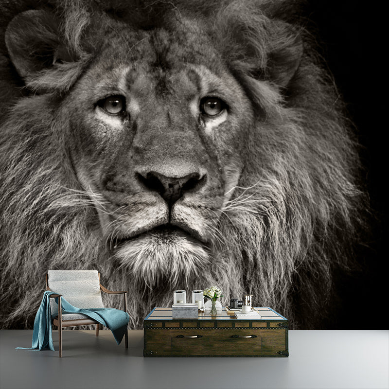 Photo Printed Lion Head Mural Wallpaper for Accent Wall, Black, Personalized Size Clearhalo 'Wall Decor' 'Wall Mural' 1508581