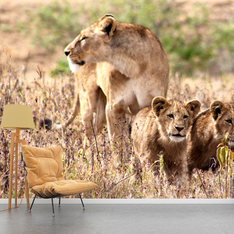 Lion and Its Child Mural Wallpaper Brown Modern Style Wall Decor for Family Room Clearhalo 'Wall Decor' 'Wall Mural' 1508586