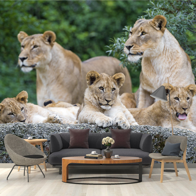 Contemporary Lion Family Wallpaper Mural for Bedroom Custom Wall Decoration in Brown Brown Clearhalo 'Wall Decor' 'Wall Mural' 1508600