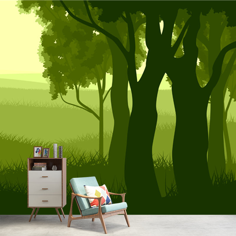 Modern Meadow and Forest Mural for Bedroom Custom Size Wall Art in Green, Non-Woven Clearhalo 'Wall Decor' 'Wall Mural' 1508632