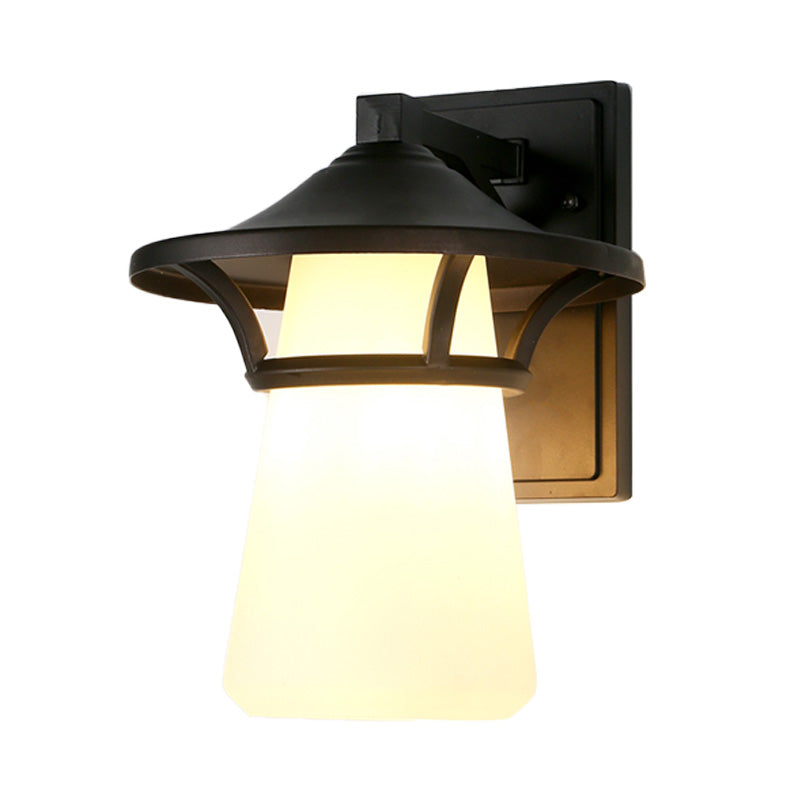 One Bulb Wall Sconce Lighting Cone/Flared Shade Bubbled/Opal Glass Industrial Entry Light Fixture in Black Clearhalo 'Art deco wall lights' 'Cast Iron' 'Glass' 'Industrial wall lights' 'Industrial' 'Middle century wall lights' 'Modern' 'Rustic wall lights' 'Tiffany' 'Traditional wall lights' 'Wall Lamps & Sconces' 'Wall Lights' Lighting' 150876