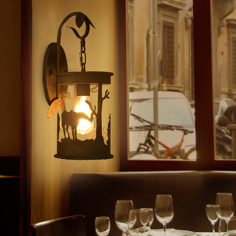 1 Bulb Cylinder Wall Mounted Light Industrial Rust Metal Lighting with Leaf and Horse Pattern Clearhalo 'Art deco wall lights' 'Cast Iron' 'Glass' 'Industrial wall lights' 'Industrial' 'Middle century wall lights' 'Modern' 'Rustic wall lights' 'Tiffany' 'Traditional wall lights' 'Wall Lamps & Sconces' 'Wall Lights' Lighting' 151111