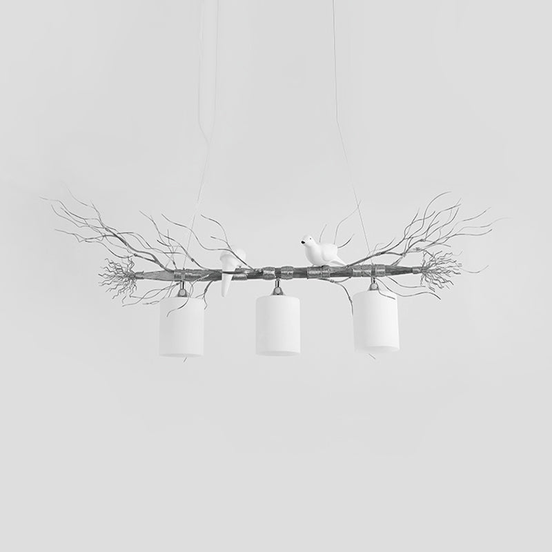 Cylinder Ceiling Island Pendant Modern 3-Head White Glass Hanging Light Fixture with Gold/Silver Branch Clearhalo 'Ceiling Lights' 'Close To Ceiling Lights' 'Glass shade' 'Glass' 'Island Lights' Lighting' 151171