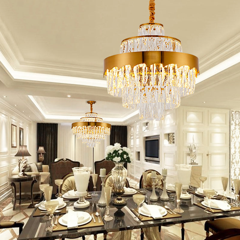 17"/23" W Layered Chandelier Light Fixture Dining Room Vintage Style Crystal and Metal Hanging Lamp in Gold Gold 17" Clearhalo 'Ceiling Lights' 'Chandeliers' 'Modern Chandeliers' 'Modern' Lighting' 151186