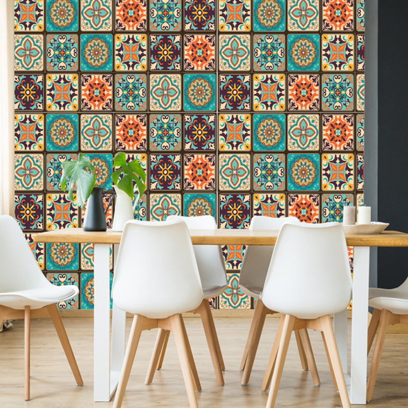 Ethnic Fleur De Lis Wallpaper Panels for Living Room, Orange-Green, 8' L x 8" W, Stick On Orange-Green Clearhalo 'Wall Decor' 'Wallpaper' 1511987