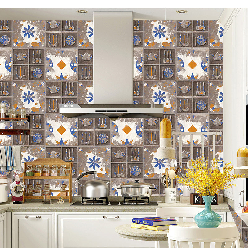 Nostalgic Distressed Dishware Wallpapers for Restaurant 20 Pieces 8.6-sq ft Wall Decor in Grey, Stick On Clearhalo 'Vintage wall decor' 'Vintage' 'Wallpaper' Wall Decor' 1513195