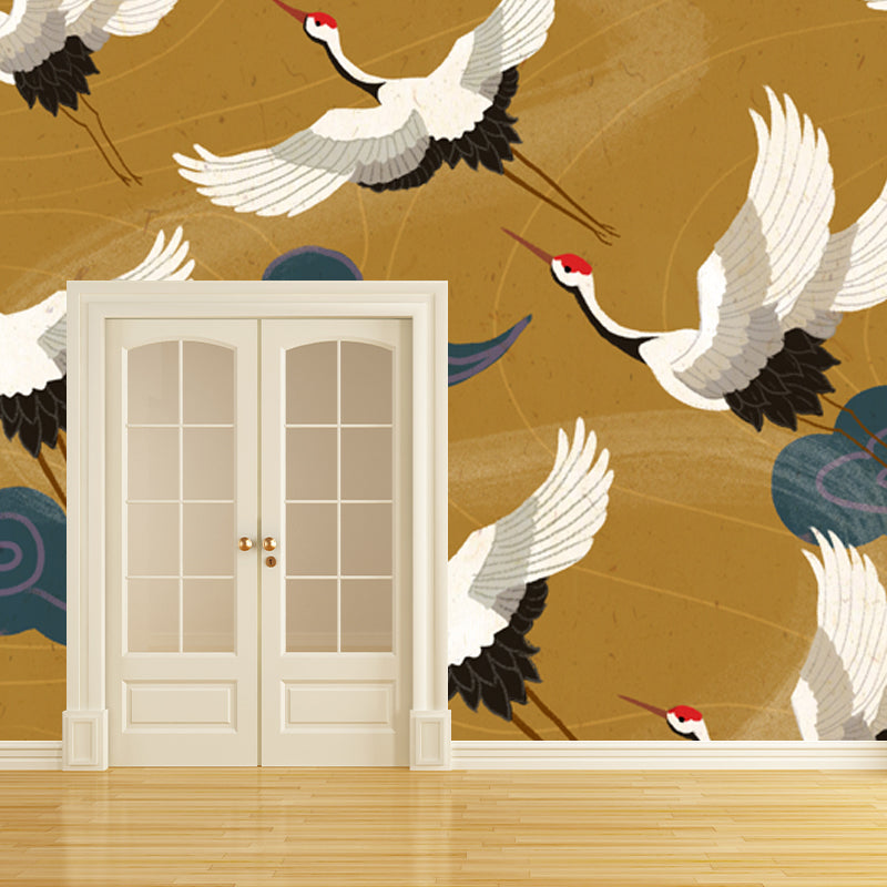 Oriental Flying Cranes Wall Mural in White on Yellow Waterproofing Wall Covering for Home Yellow Clearhalo 'Wall Decor' 'Wall Mural' 1513550