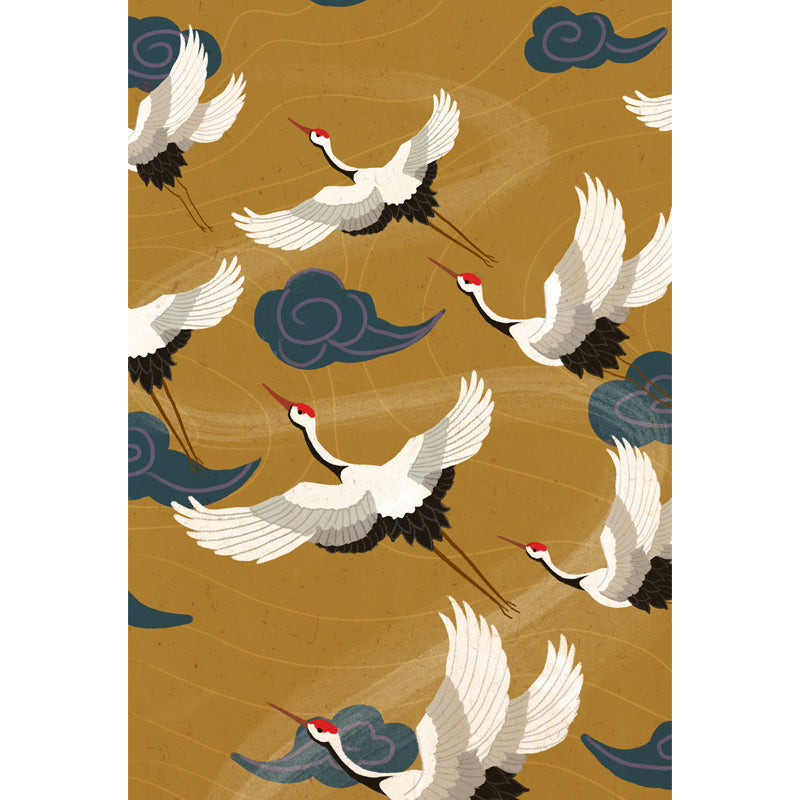 Oriental Flying Cranes Wall Mural in White on Yellow Waterproofing Wall Covering for Home Clearhalo 'Wall Decor' 'Wall Mural' 1513553