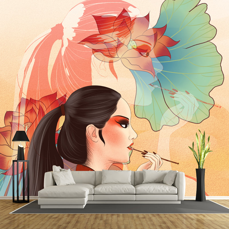 Chinese Opera Actress Mural in Red Girls Bedroom Wall Decoration, Custom Size Available Clearhalo 'Wall Decor' 'Wall Mural' 1513560