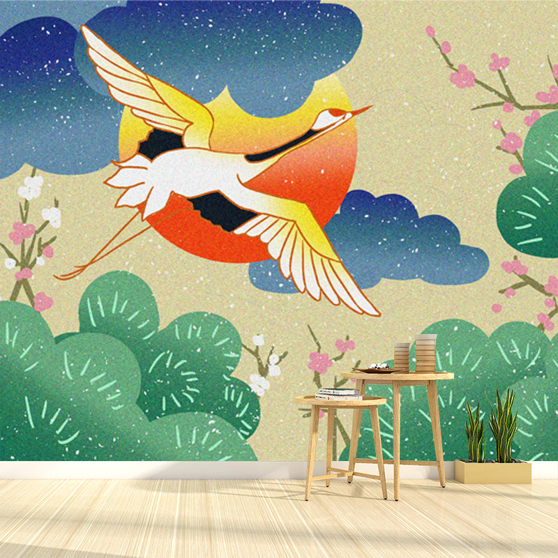 Illustration Red-Crown Cranes Mural for Tearoom, Green, Customized Size Available Clearhalo 'Wall Decor' 'Wall Mural' 1513667