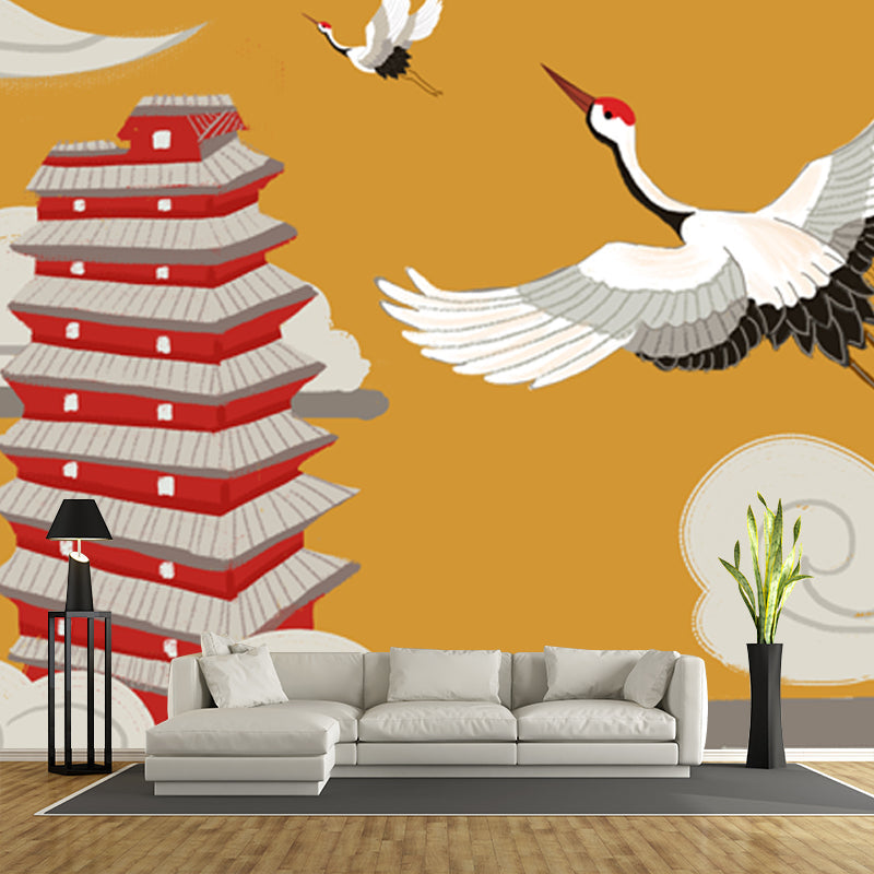 Halcyon and Temple Mural Wallpaper Chinese Smooth Wall Covering in White on Yellow Clearhalo 'Wall Decor' 'Wall Mural' 1513703