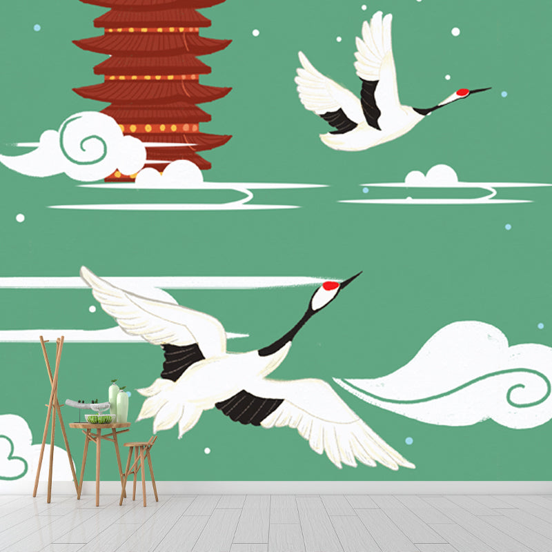 Non-Woven Big Green Mural Chinoiserie Red-Crown Crane and Temple Wall Decor, Custom-Print Green Clearhalo 'Wall Decor' 'Wall Mural' 1513706