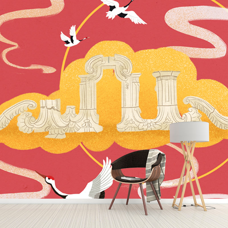 Halcyon Fly over Cloud Mural Decal in Red Chinese Style Wall Covering for Living Room Clearhalo 'Wall Decor' 'Wall Mural' 1513718
