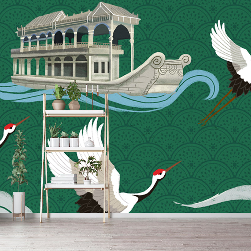 Chinese Houseboat and Halcyon Mural for Tearoom Personalized Wall Art in White-Green Clearhalo 'Wall Decor' 'Wall Mural' 1513723