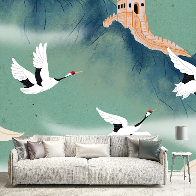 Light Green Oriental Wallpaper Mural Full Size Halcyon and the Great Wall Wall Decor for Home Clearhalo 'Wall Decor' 'Wall Mural' 1513727
