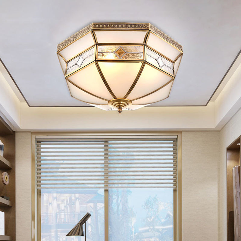 Warehouse Dome Shape Ceiling Flush 3/4-Light 14"/18" W Opaline Glass Flush Mount Lighting in Brass Brass Clearhalo 'Ceiling Lights' 'Close To Ceiling Lights' 'Close to ceiling' 'Flush mount' Lighting' 1515503