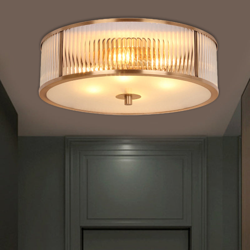Fluted Drum Bedroom Flush Mount Antiqued Opaline Glass 3 Heads Brass Ceiling Light Fixture Clearhalo 'Ceiling Lights' 'Close To Ceiling Lights' 'Close to ceiling' 'Flush mount' Lighting' 1515534