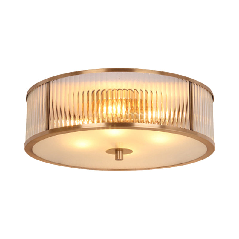 Fluted Drum Bedroom Flush Mount Antiqued Opaline Glass 3 Heads Brass Ceiling Light Fixture Clearhalo 'Ceiling Lights' 'Close To Ceiling Lights' 'Close to ceiling' 'Flush mount' Lighting' 1515535