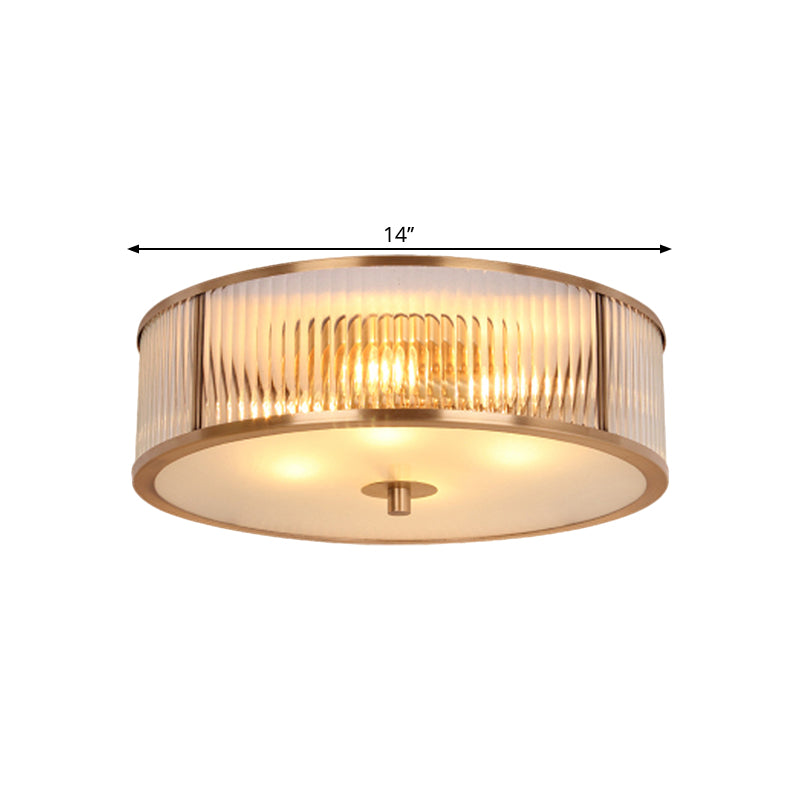 Fluted Drum Bedroom Flush Mount Antiqued Opaline Glass 3 Heads Brass Ceiling Light Fixture Clearhalo 'Ceiling Lights' 'Close To Ceiling Lights' 'Close to ceiling' 'Flush mount' Lighting' 1515536