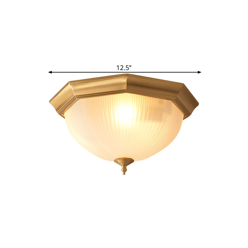 Ridged Dome Bedroom Ceiling Flush Cottage Cream Glass 12.5"/15" Wide 2/3-Head Brass Flush Mount Fixture Clearhalo 'Ceiling Lights' 'Close To Ceiling Lights' 'Close to ceiling' 'Flush mount' Lighting' 1515550