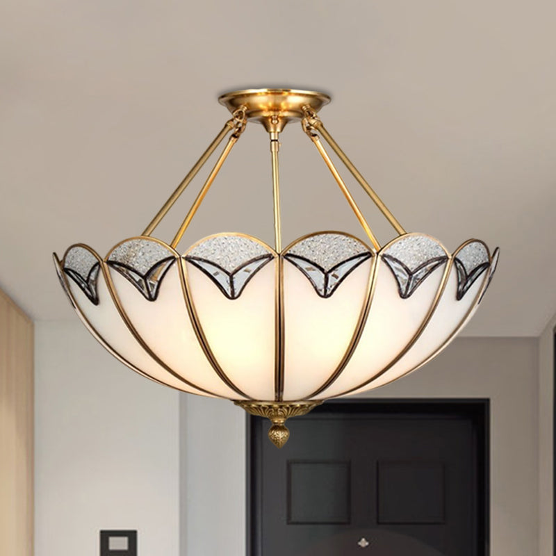 4 Heads Semi Flush Light Vintage Umbrella-Like Milky Glass Flush Mount Lighting in Brass Brass Clearhalo 'Ceiling Lights' 'Close To Ceiling Lights' 'Close to ceiling' 'Glass shade' 'Glass' 'Semi-flushmount' Lighting' 1515575