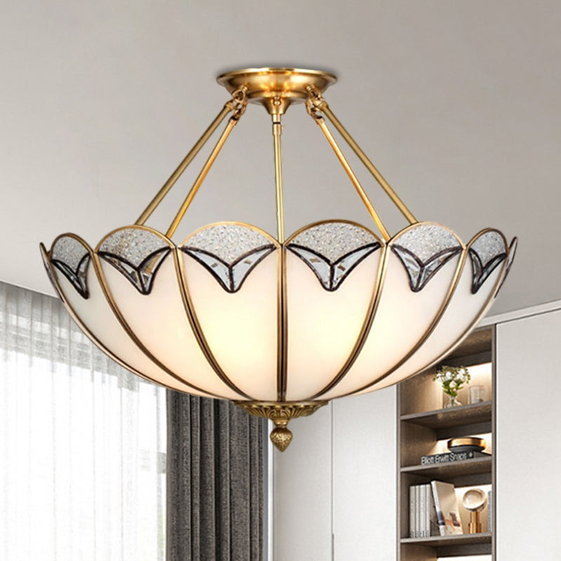 4 Heads Semi Flush Light Vintage Umbrella-Like Milky Glass Flush Mount Lighting in Brass Clearhalo 'Ceiling Lights' 'Close To Ceiling Lights' 'Close to ceiling' 'Glass shade' 'Glass' 'Semi-flushmount' Lighting' 1515576