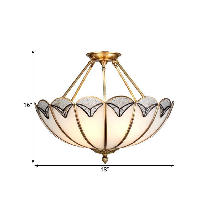 4 Heads Semi Flush Light Vintage Umbrella-Like Milky Glass Flush Mount Lighting in Brass Clearhalo 'Ceiling Lights' 'Close To Ceiling Lights' 'Close to ceiling' 'Glass shade' 'Glass' 'Semi-flushmount' Lighting' 1515578
