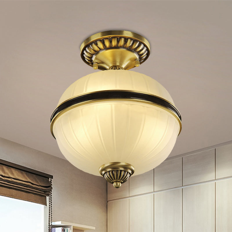 Farmhouse Ellipsoid Semi Flush Light 4/6-Head Ribbed Opal Glass Ceiling Lighting in Brass, 10"/12" Wide Brass Clearhalo 'Ceiling Lights' 'Close To Ceiling Lights' 'Close to ceiling' 'Glass shade' 'Glass' 'Semi-flushmount' Lighting' 1515587
