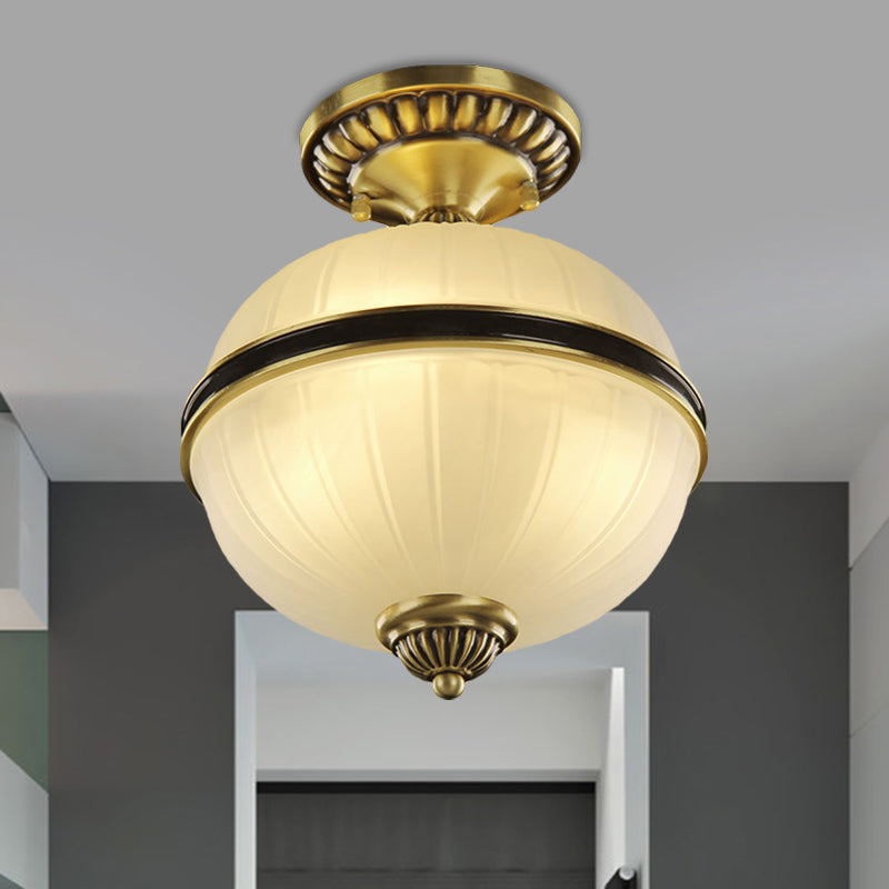 Farmhouse Ellipsoid Semi Flush Light 4/6-Head Ribbed Opal Glass Ceiling Lighting in Brass, 10"/12" Wide Clearhalo 'Ceiling Lights' 'Close To Ceiling Lights' 'Close to ceiling' 'Glass shade' 'Glass' 'Semi-flushmount' Lighting' 1515588