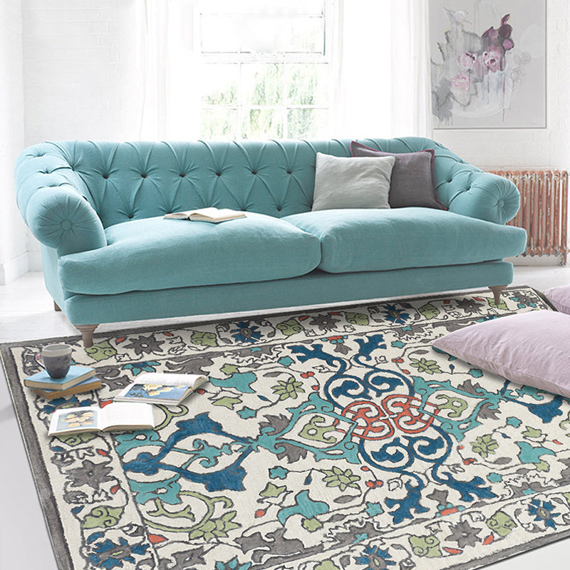 Moroccan Living Room Rug in Ivory Leaf Motif Print Carpet Polyester Anti-Slip Area Rug Clearhalo 'Area Rug' 'Moroccan' 'Rugs' Rug' 1516639