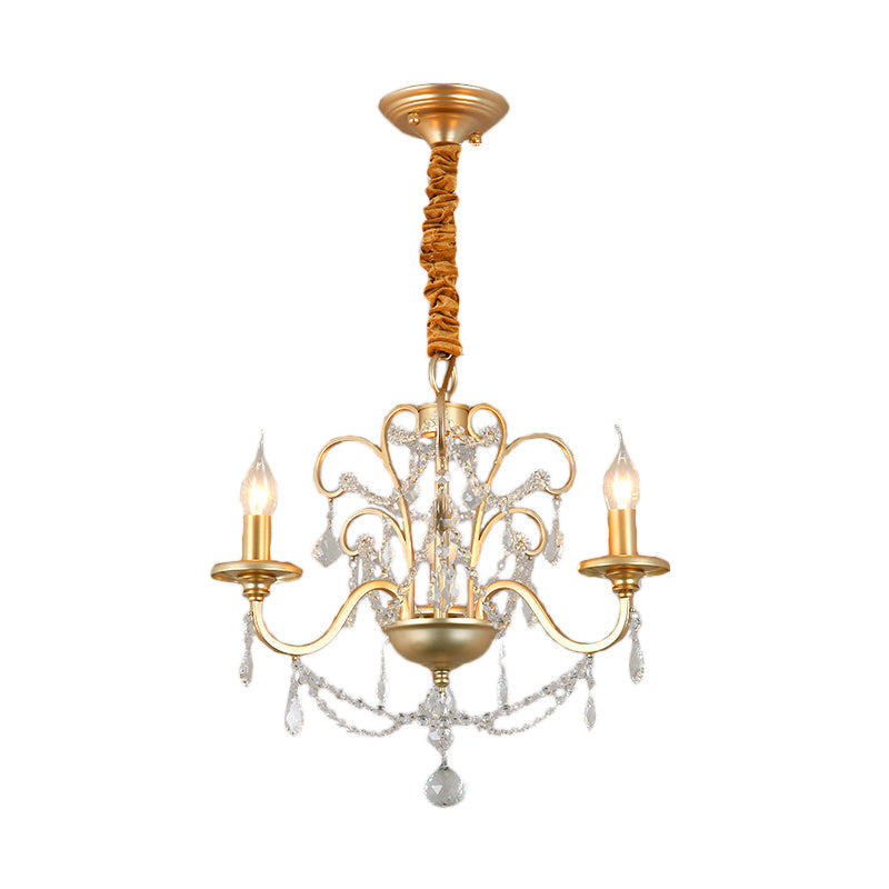 Flameless Candle Metal Pendant Chandelier Light Vintage Gold 3/6-Heads Hanging Lamp with Crystal Decoration Clearhalo 'Ceiling Lights' 'Chandeliers' 'Modern Chandeliers' 'Modern' Lighting' 151773