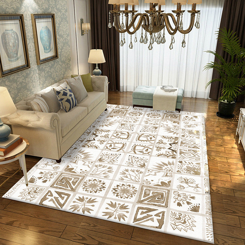 Oriental Floral Square Pattern Rug in White Moroccan Rug Polyester Non-Slip Backing Area Rug for Bedroom Brown Clearhalo 'Area Rug' 'Moroccan' 'Rugs' Rug' 1517963