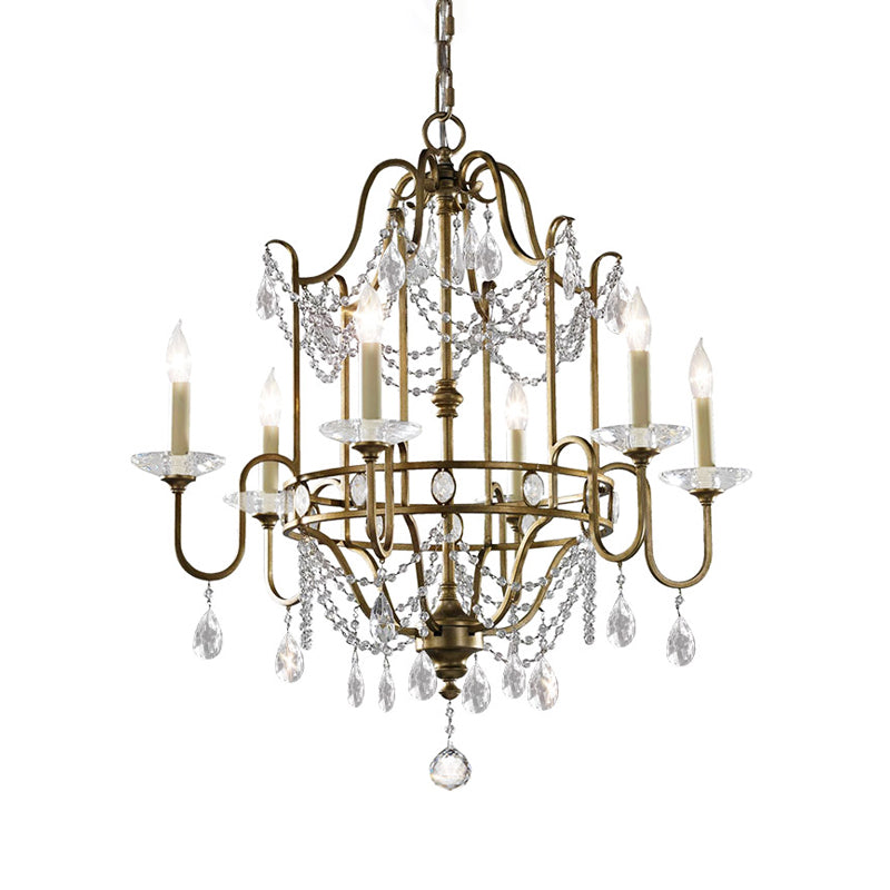 4/6 Heads Metallic Pendant Light Fixture Modern Brass Finish Candle Hanging Chandelier with Crystal Bead Clearhalo 'Ceiling Lights' 'Chandeliers' 'Modern Chandeliers' 'Modern' Lighting' 152072