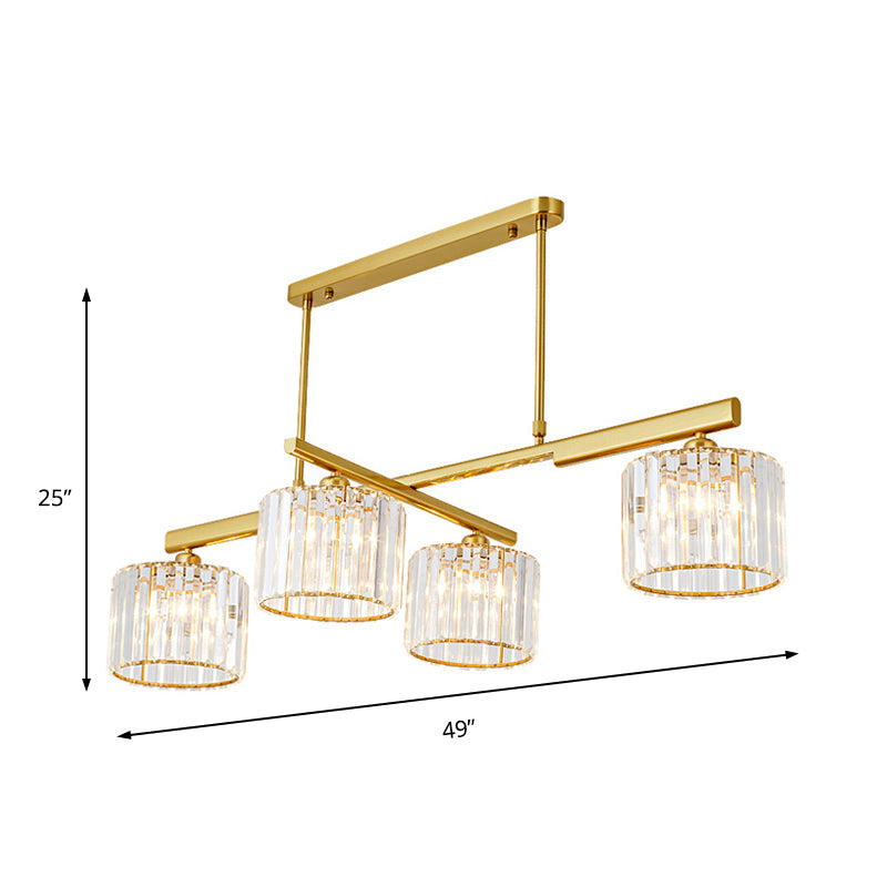 Modern Brass Hanging Light Metal Cylinder 4 Lights Island Lighting with Crystal Block for Living Room Clearhalo 'Ceiling Lights' 'Island Lights' Lighting' 152141