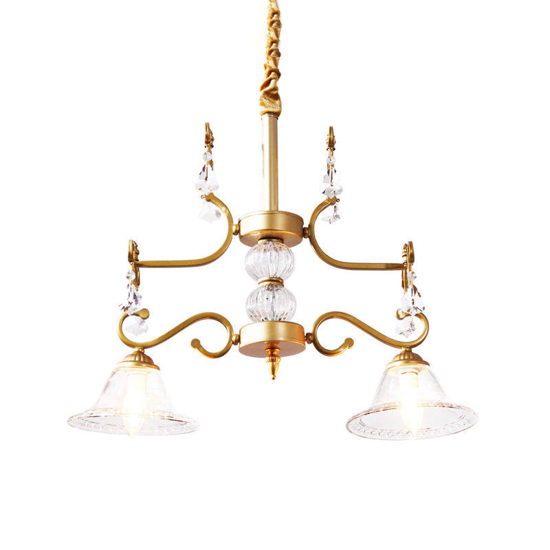 Modern Clear Crystal Chandelier Light Fixture 2 Bulbs Bell Shade Hanging Lamp in Gold for Dining Room Clearhalo 'Ceiling Lights' 'Chandeliers' 'Modern Chandeliers' 'Modern' Lighting' 152269