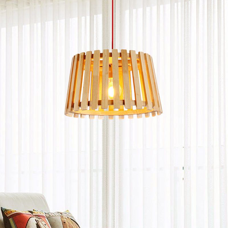 Wood Slatted Drum Hanging Pendant Light Contemporary 1-Light Ceiling Light in Beige for Bedroom Clearhalo 'Ceiling Lights' 'Modern Pendants' 'Modern' 'Pendant Lights' 'Pendants' Lighting' 1522818
