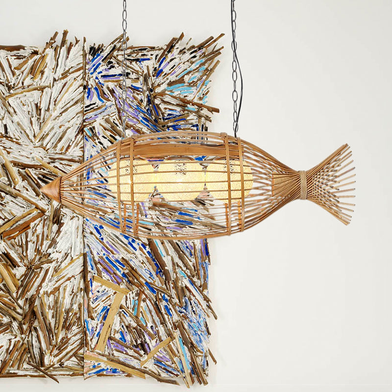 Bamboo Fish Shaped Chandelier Lighting Asian Style 39"/57" W 3 Bulbs Beige Hanging Light with Inner Rattan Ball Shade Clearhalo 'Ceiling Lights' 'Chandeliers' Lighting' options 1522831
