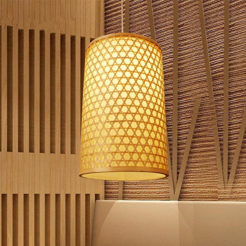 Cylindrical Bamboo Hanging Ceiling Light Modernist Style 1 Head Beige Pendant Lamp for Dining Room Clearhalo 'Ceiling Lights' 'Pendant Lights' 'Pendants' Lighting' 1522859