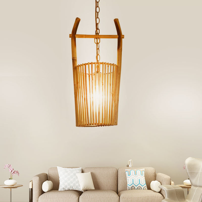 1 Head Restaurant Pendant Lighting with Bucket Bamboo Shade Lodge Stylish Beige Ceiling Light Fixture Clearhalo 'Ceiling Lights' 'Modern Pendants' 'Modern' 'Pendant Lights' 'Pendants' Lighting' 1522990