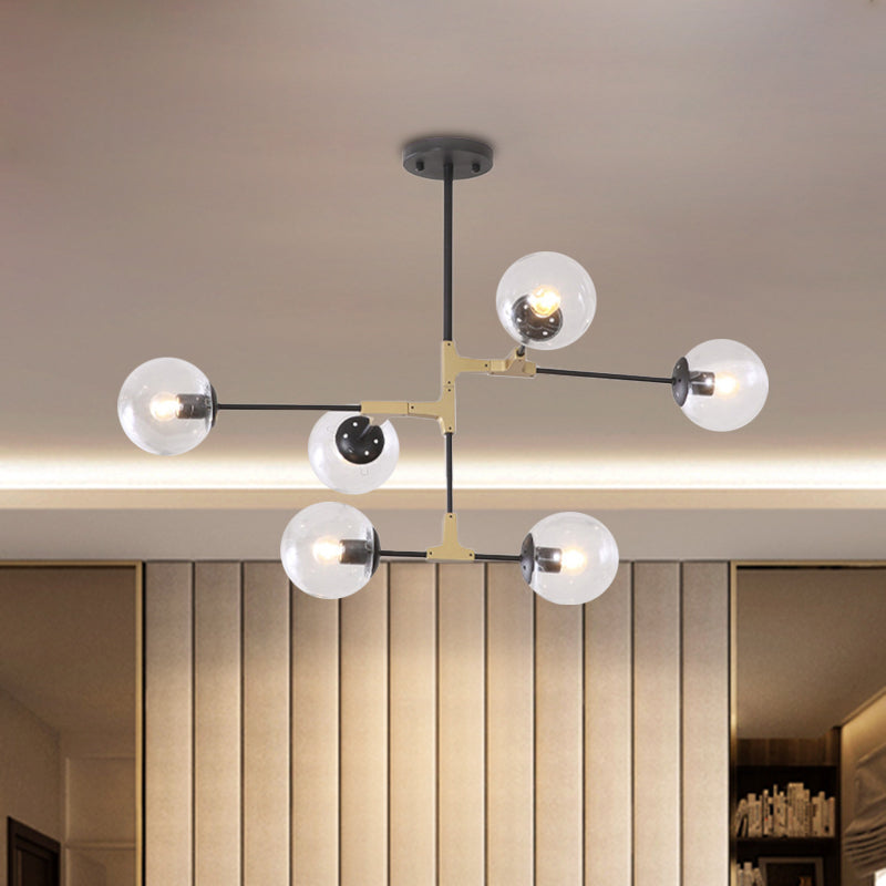 Simple Style Line Chandelier 6/8/10-Head Metal Hanging Light with Amber/Clear/Smoke Glass Ball Shade for Study Room Clearhalo 'Ceiling Lights' 'Chandeliers' 'Clear' 'Glass shade' 'Glass' 'Industrial' 'Modern Chandeliers' 'Modern' 'Tiffany' 'Traditional Chandeliers' Lighting' 1523046